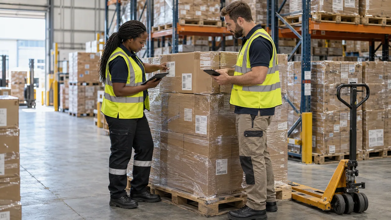 Black African and white warehouse professionals reviewing cargo in an illustrative distribution facility
